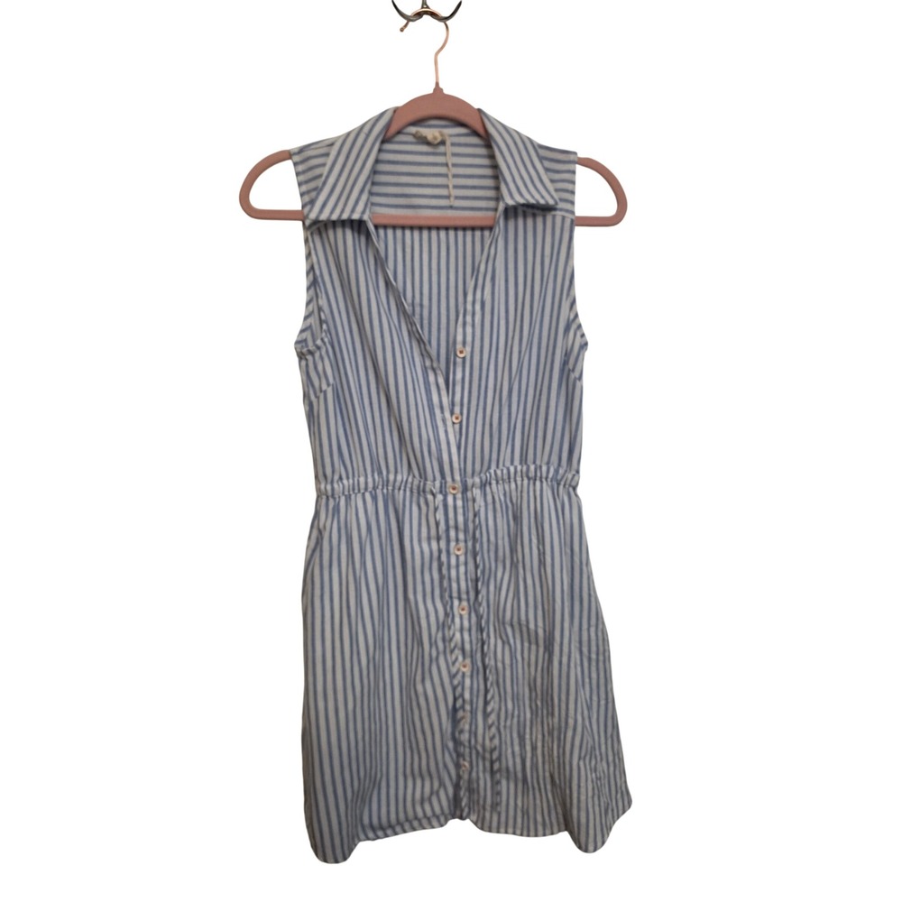 Hem & Thread Blue White Striped Shirt Dress Small Sleeveless Button Front Cotton